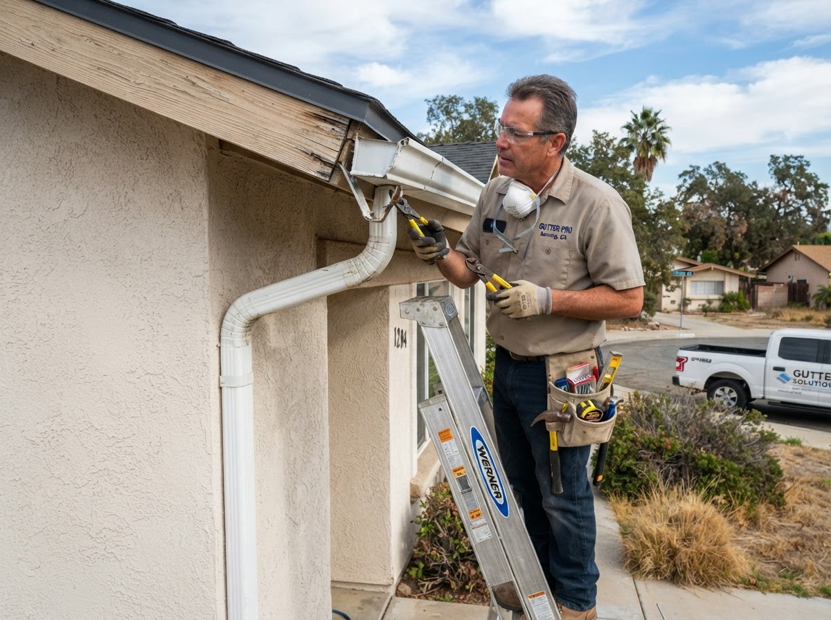 Residential gutter repair detail in Banning CA