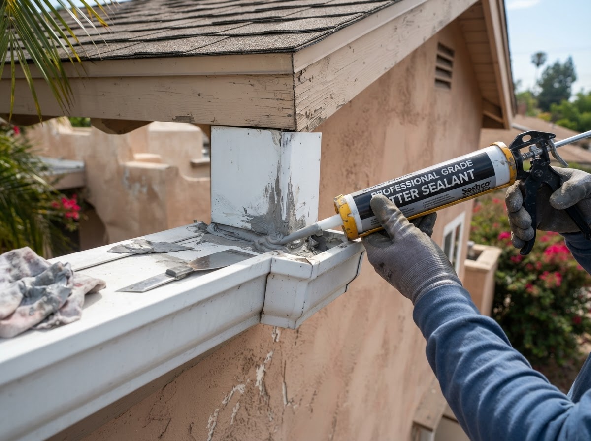 Leaking gutter repair detail in Redlands