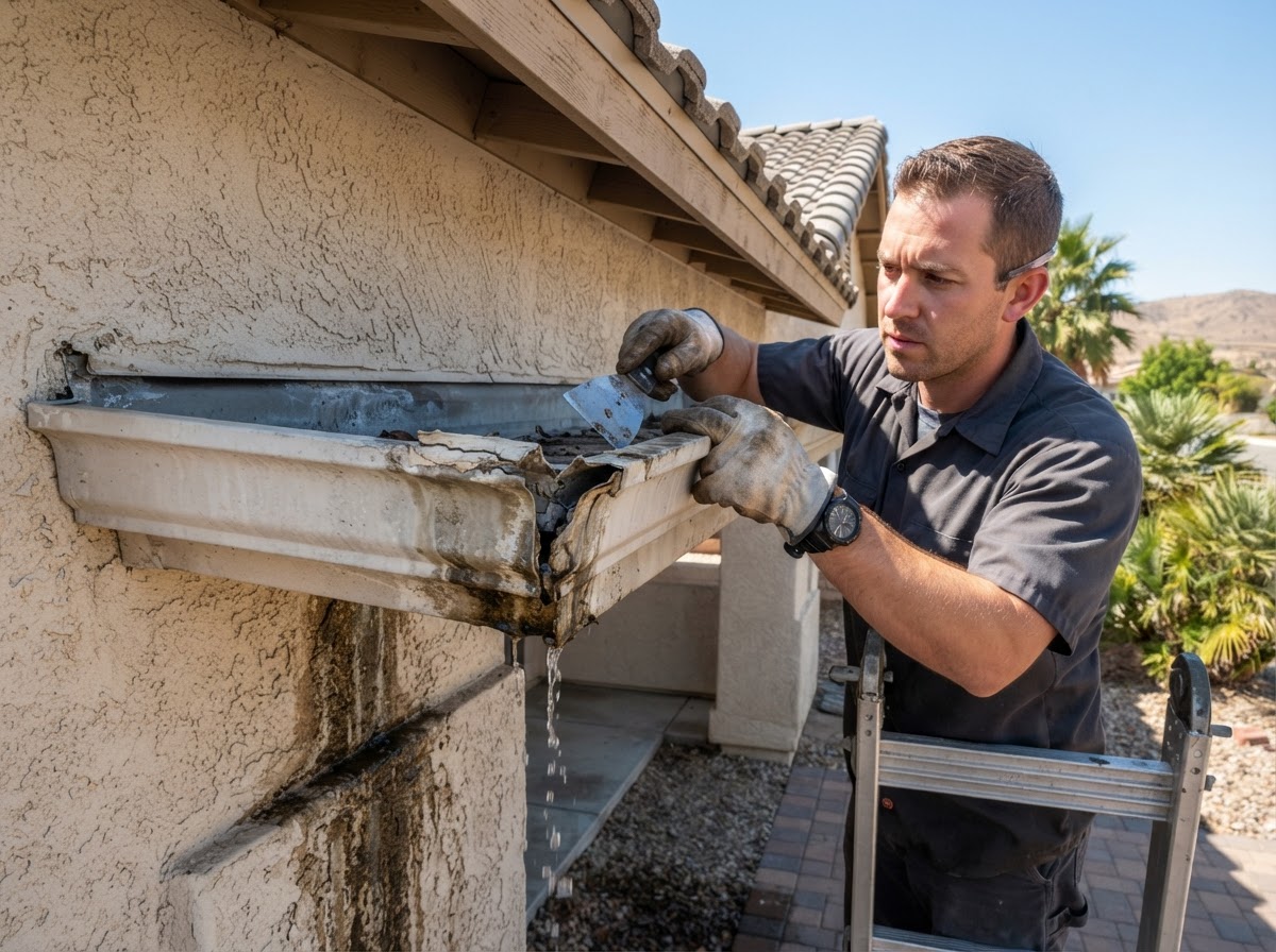 Leaking gutter repair detail in Moreno Valley