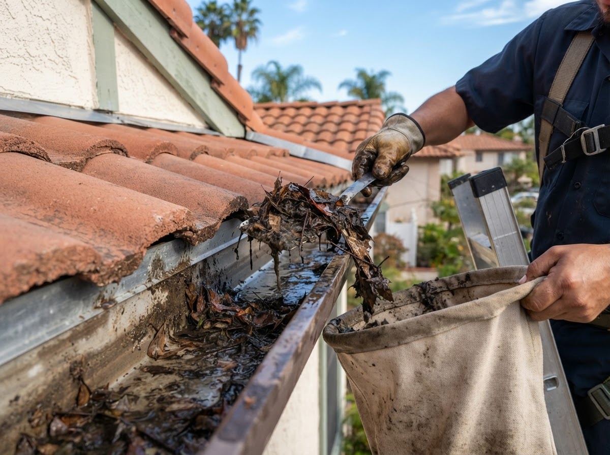 Residential gutter debris removal in Redlands