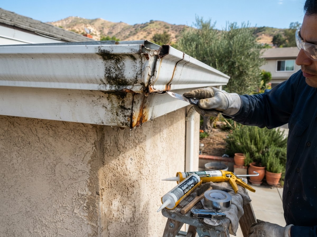 Leaking gutter joint repair in Yucaipa