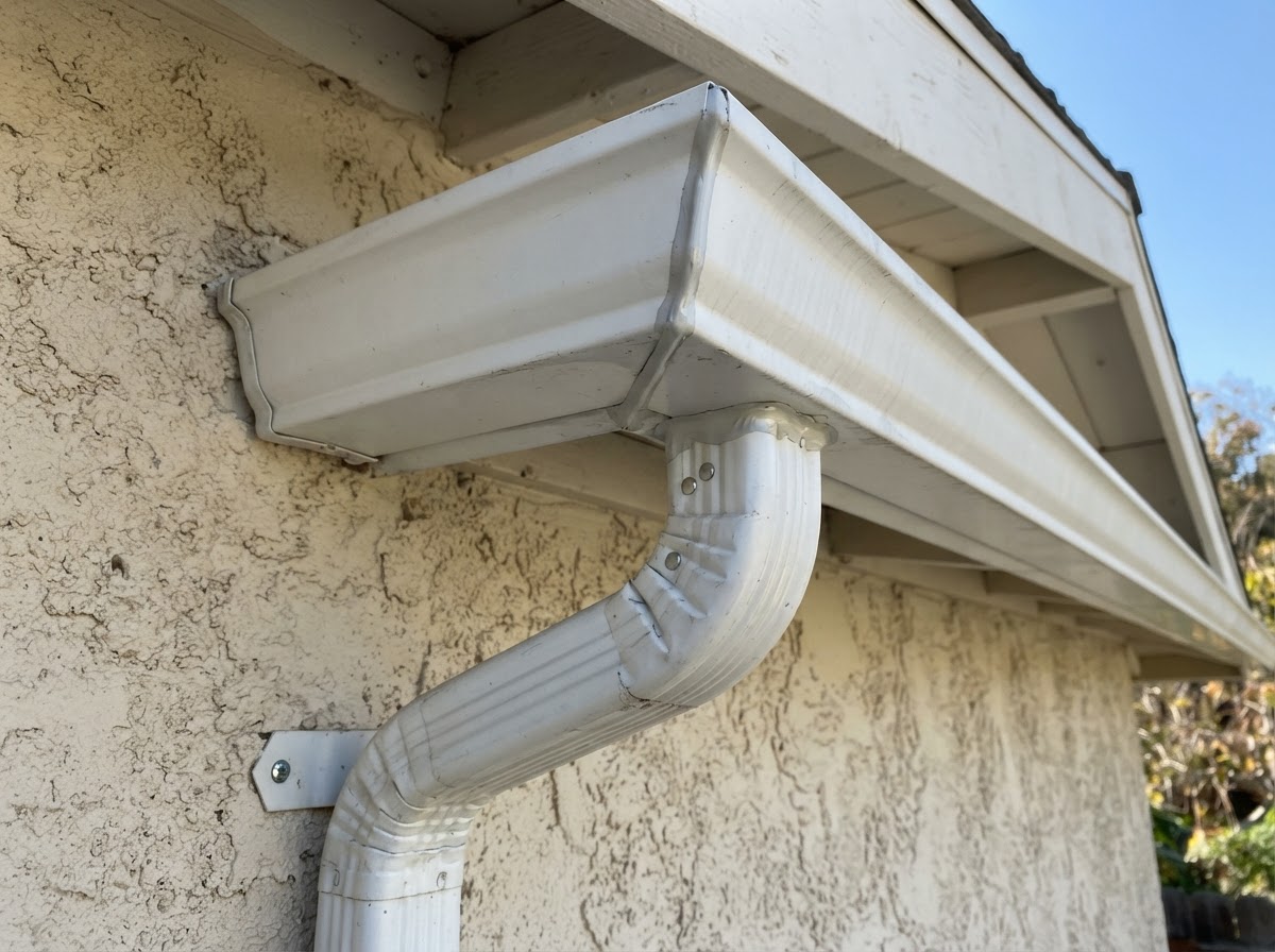 Seamless gutter corner and outlet detail in Calimesa