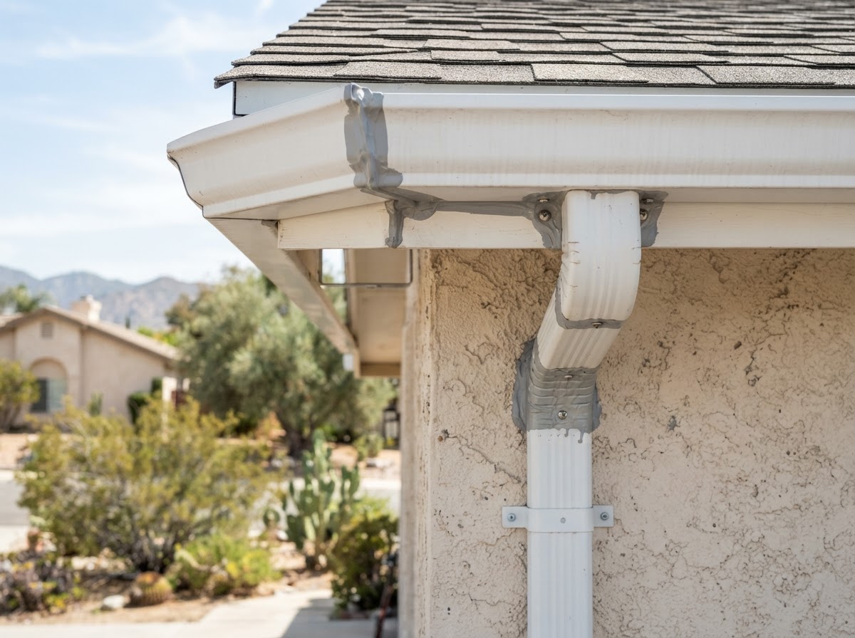 Seamless gutter corner and outlet in Yucaipa