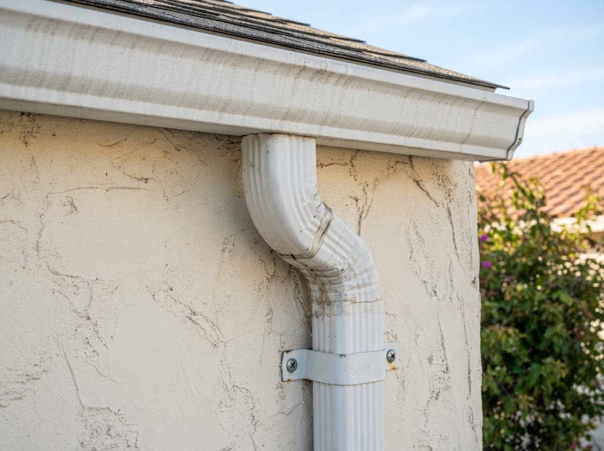 Gutter outlet and downspout connection detail