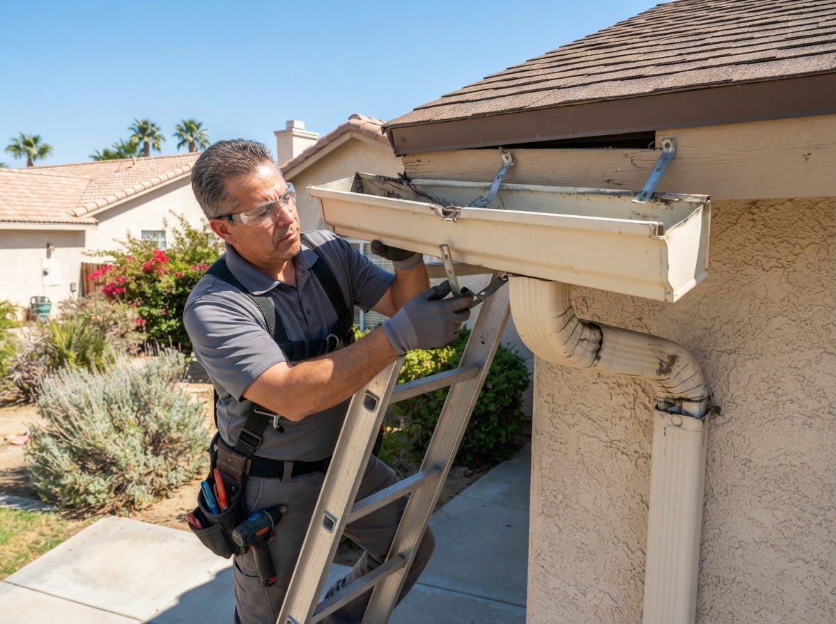 Residential gutter repair detail in Moreno Valley CA