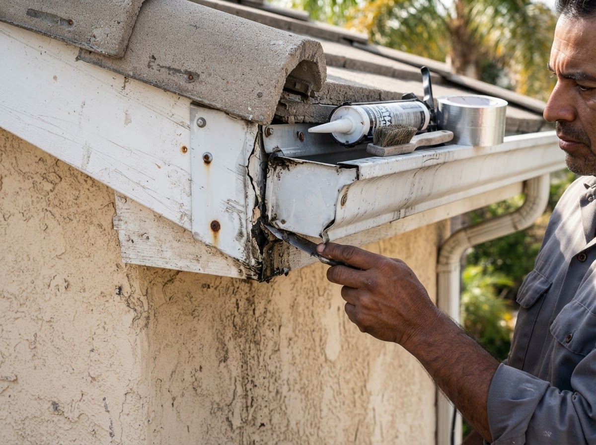 Leaking gutter repair detail in Calimesa