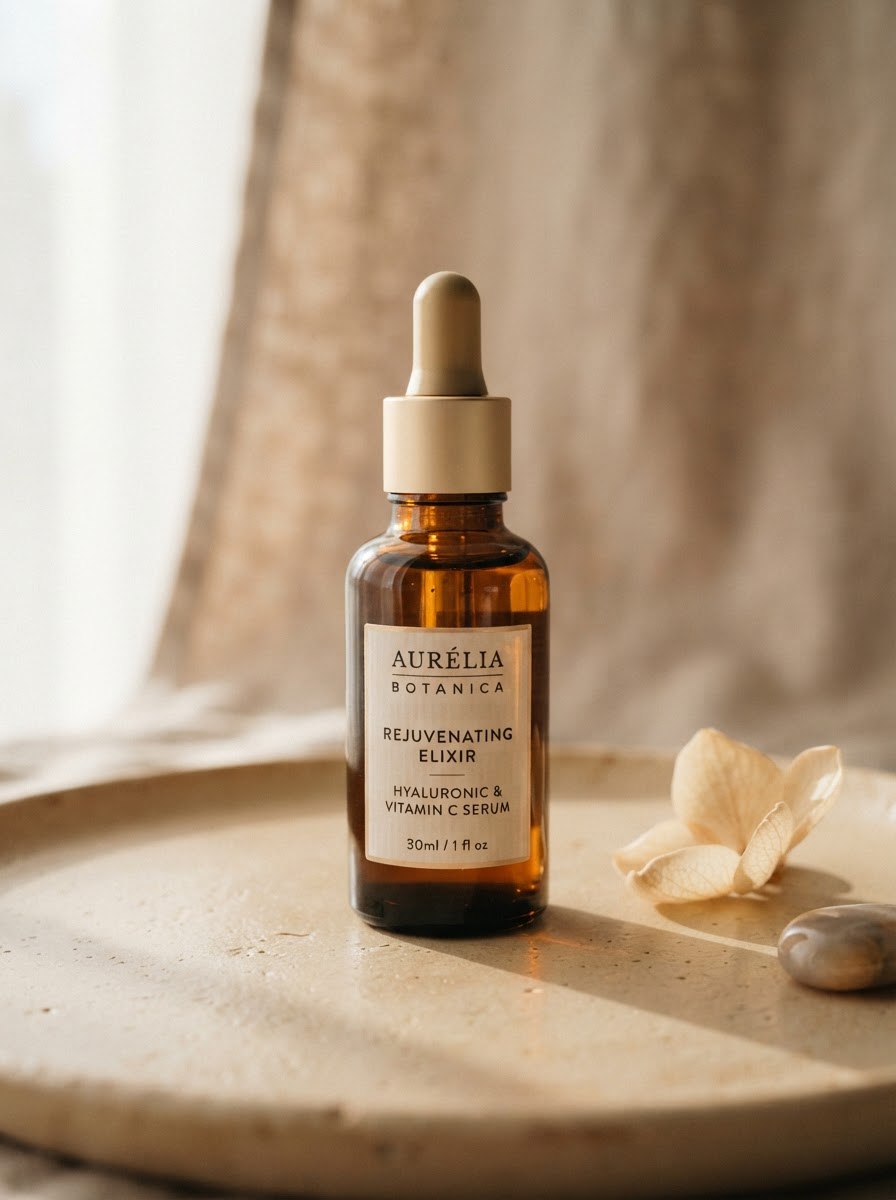 Elegant skincare product detail on a warm neutral surface