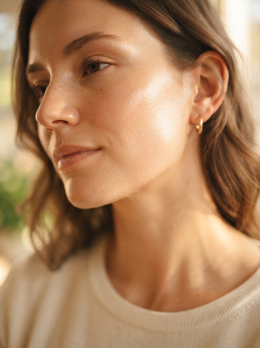 Soft-focus close-up of luminous healthy skin in warm light