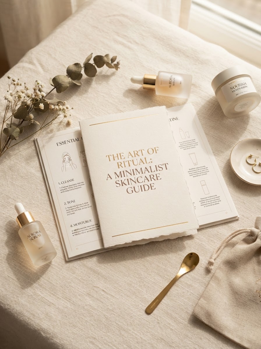 Elegant skincare guide styled on a soft cream surface