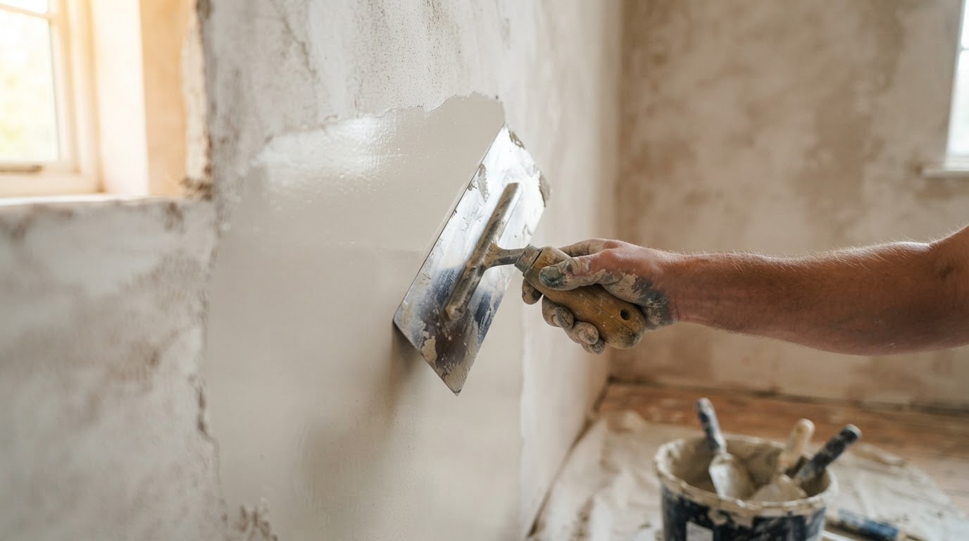 Plastering tools and a smooth skim plaster finish on an interior wall
