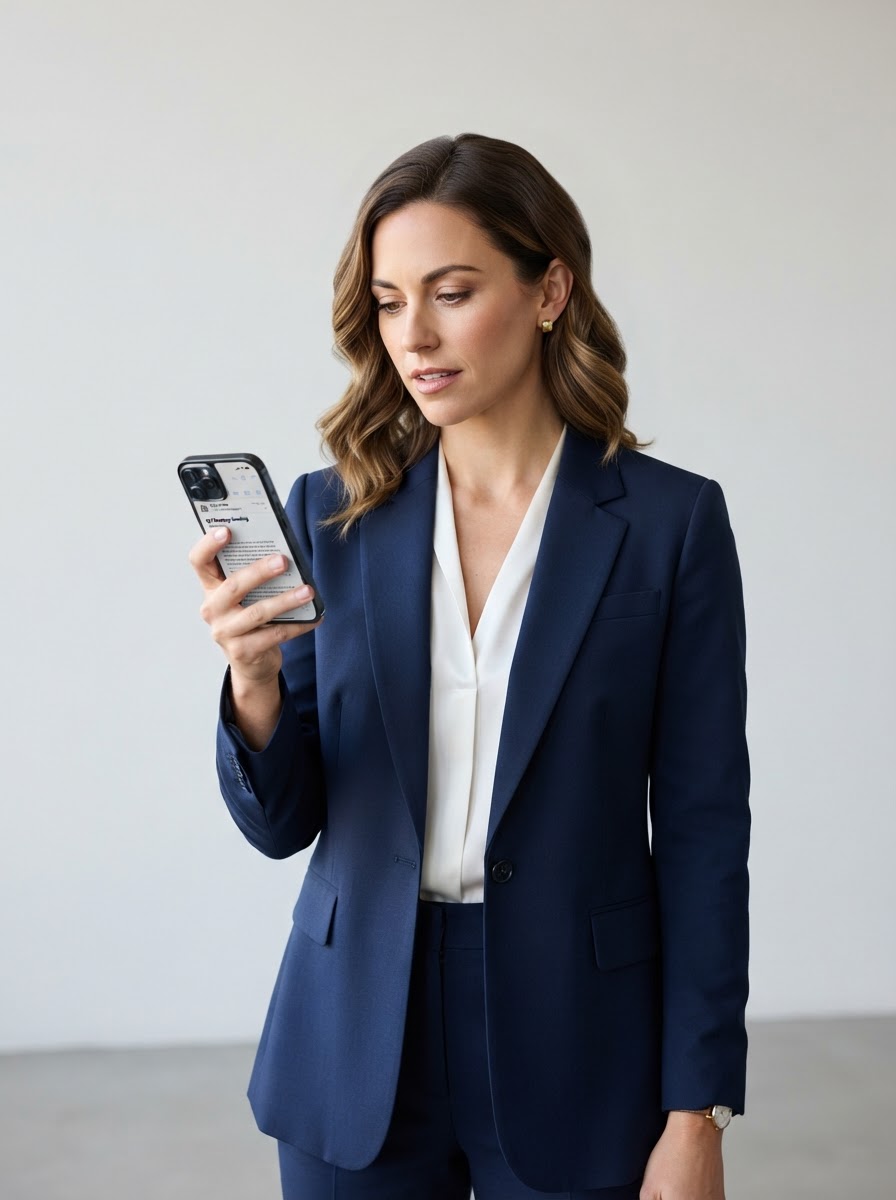 Businesswoman viewing prospect data on her phone
