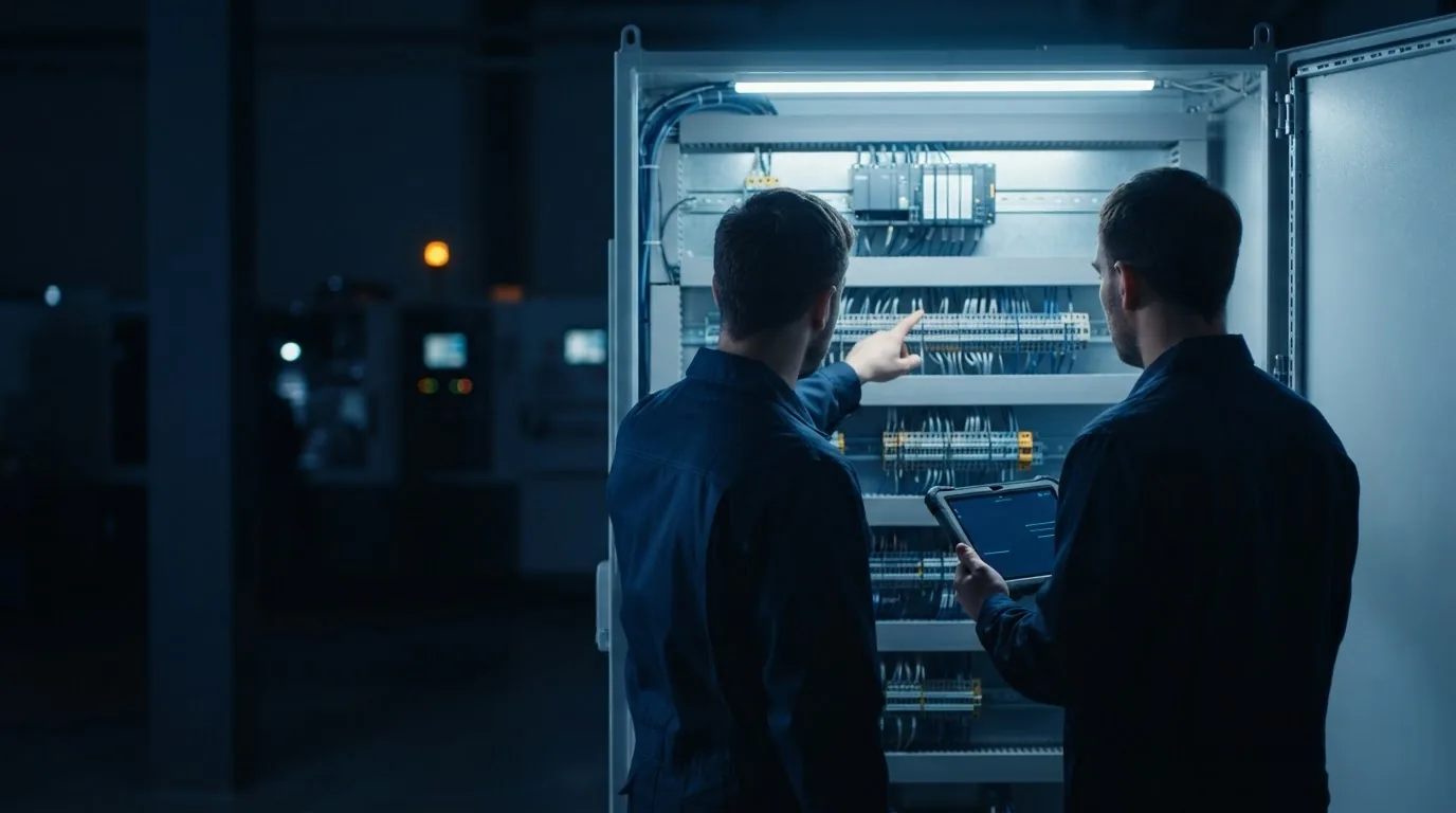 IT BrainBox inžinieriai prie valdymo spintos