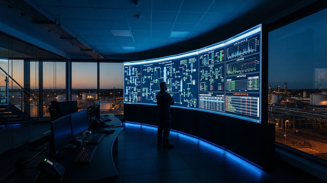 Dispečerinė su SCADA sistemos ekranais