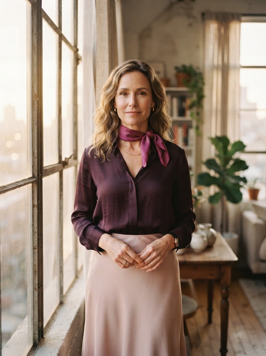 A woman standing in soft light, looking forward with quiet confidence after divorce