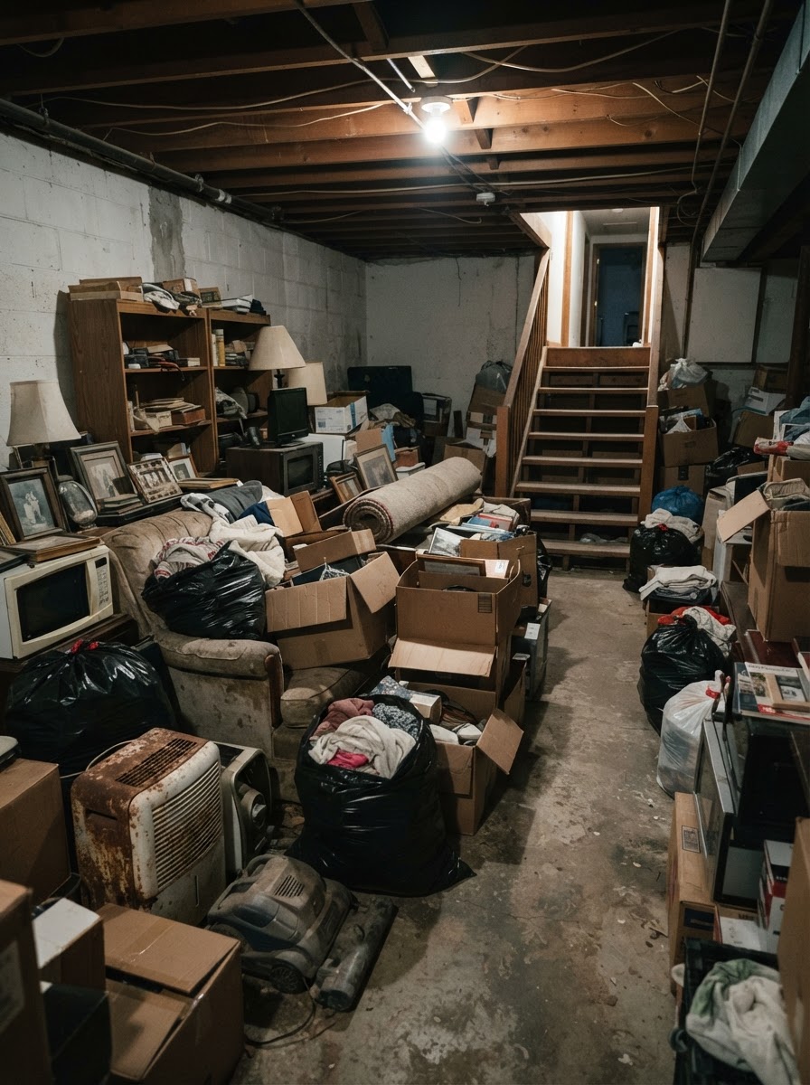 Cluttered residential basement filled with old furniture, boxes, and bagged household goods waiting for a full cleanout