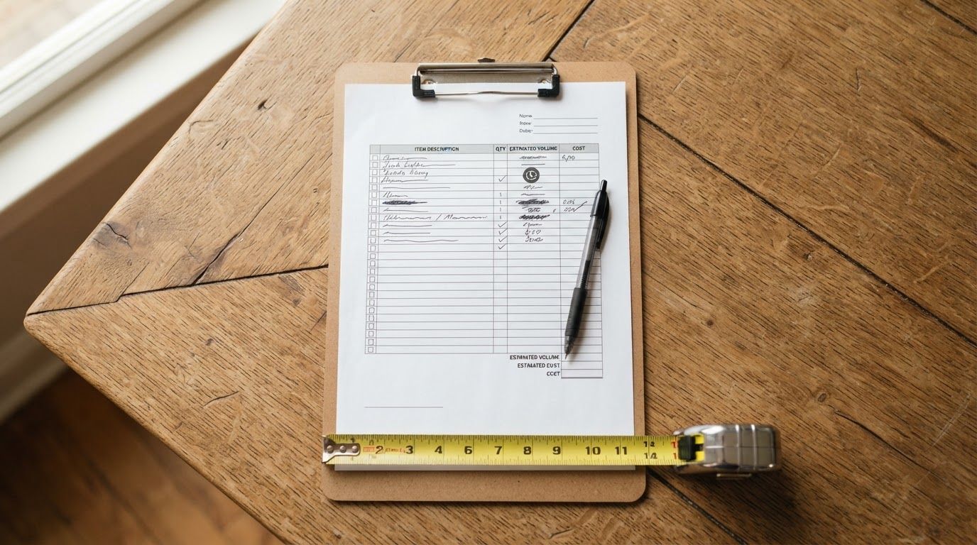 Clipboard with an itemized junk removal estimate checklist, a pen, and a measuring tape on a wooden table