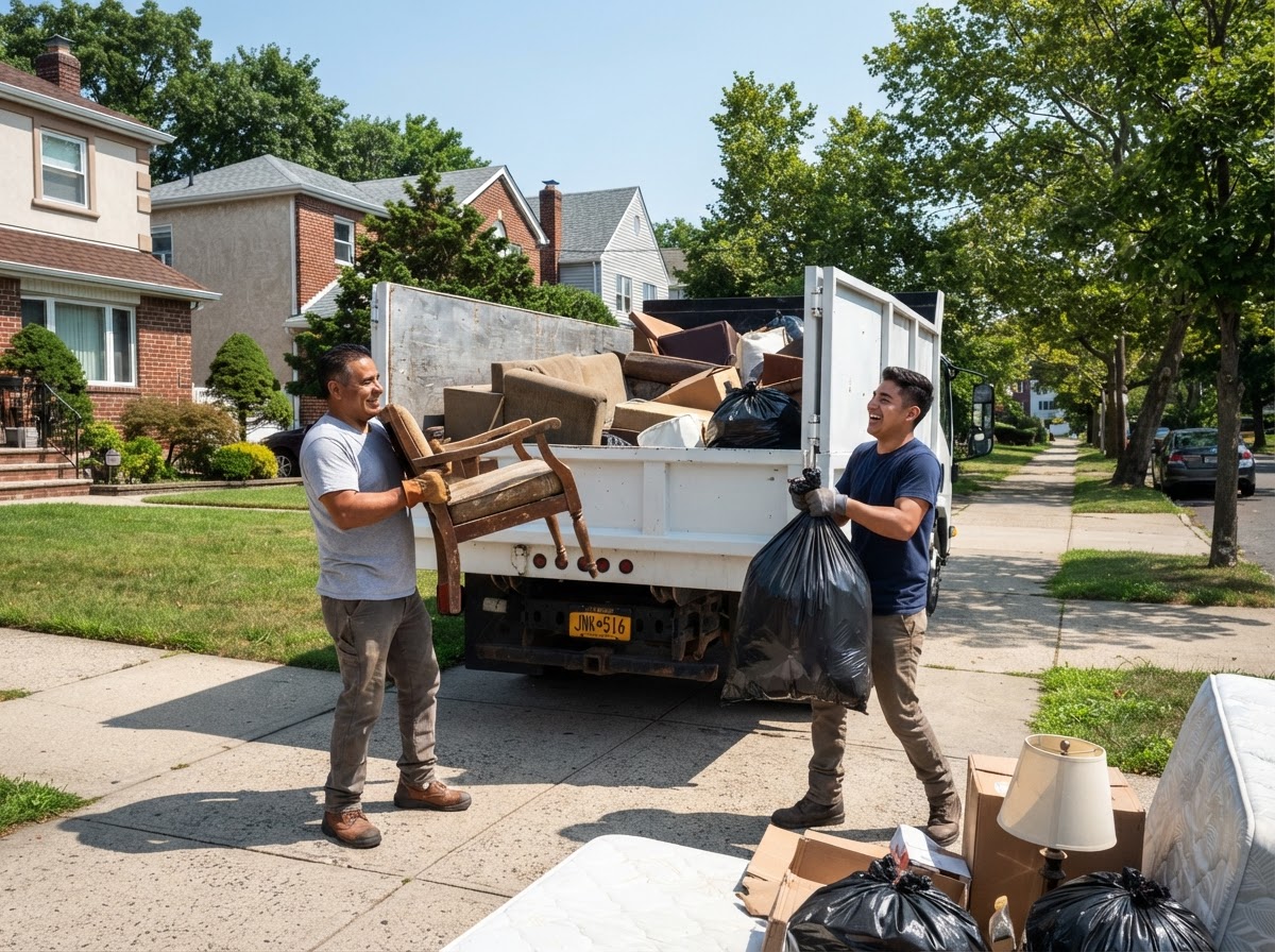 Grace Maintenance family crew loading old furniture and bagged household items into a clean dump truck on a residential Staten Island driveway