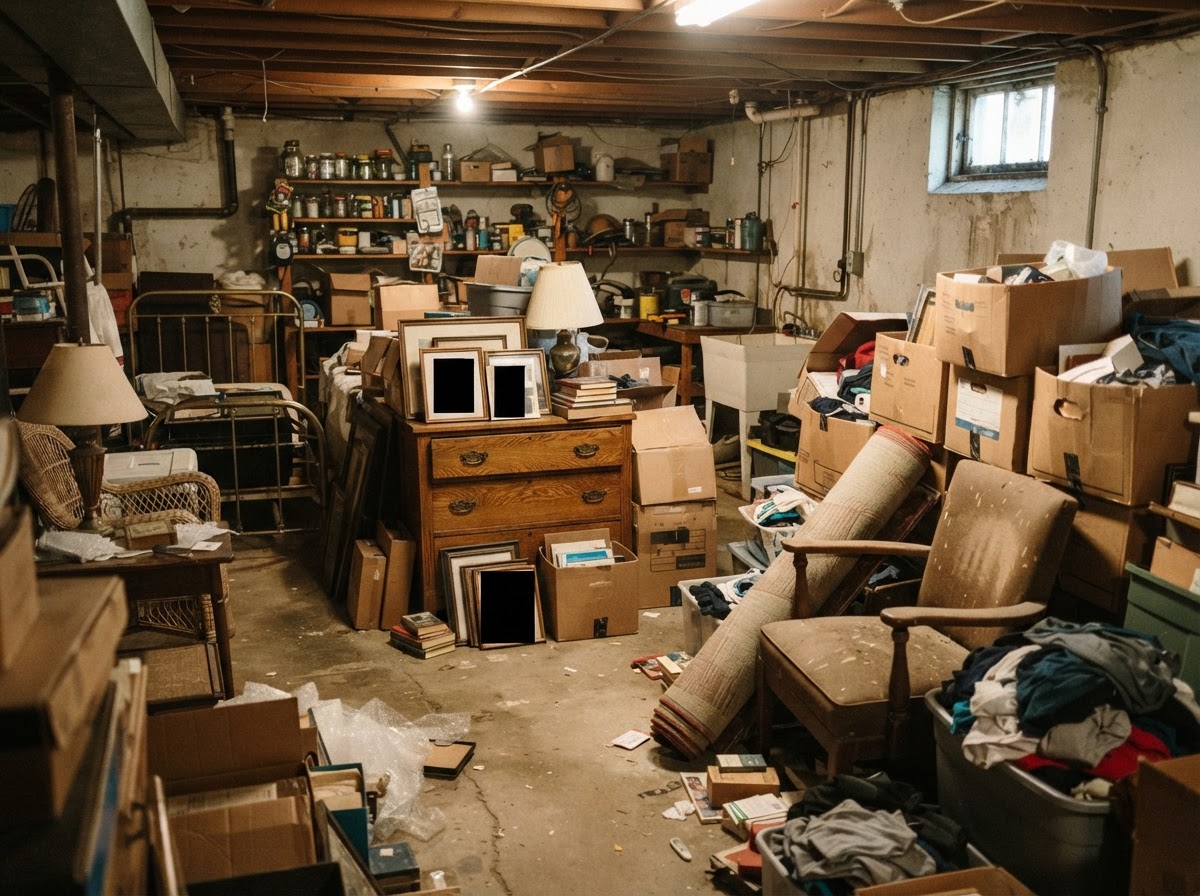 Cluttered residential basement filled with old furniture and boxes being cleared during an estate cleanout