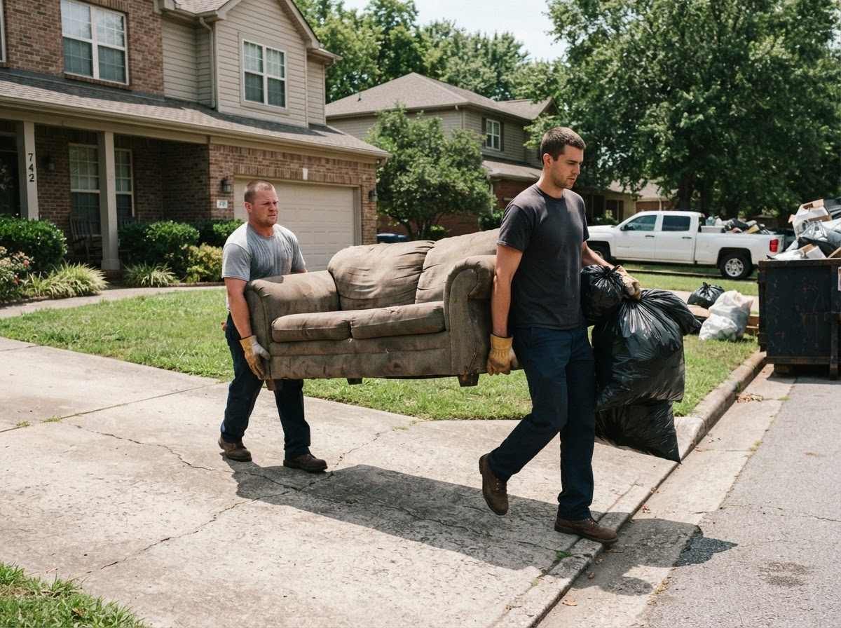 Two workers in gloves carrying an old sofa and bagged household items across a residential driveway during a cleanout