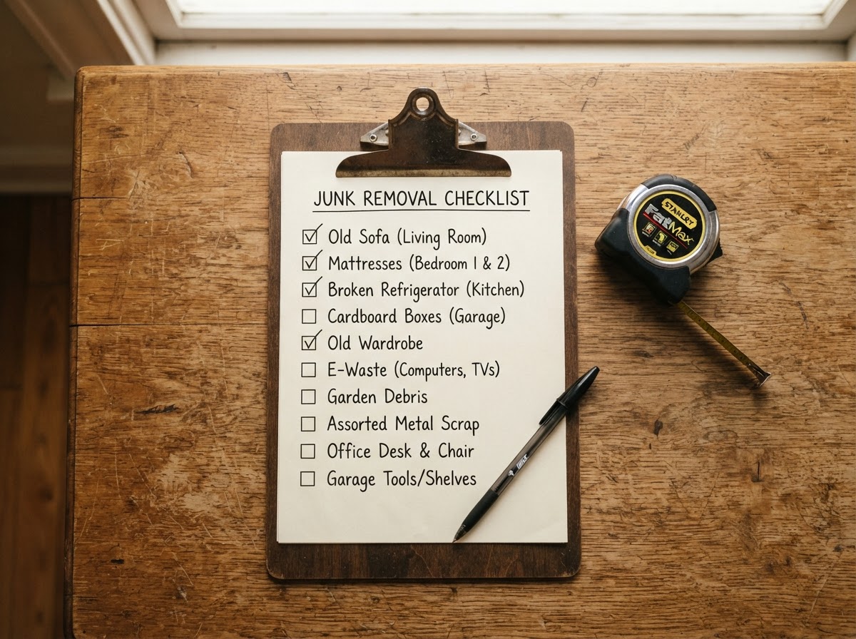 Clipboard checklist with an itemized junk removal list, a pen, and a measuring tape on a wooden table