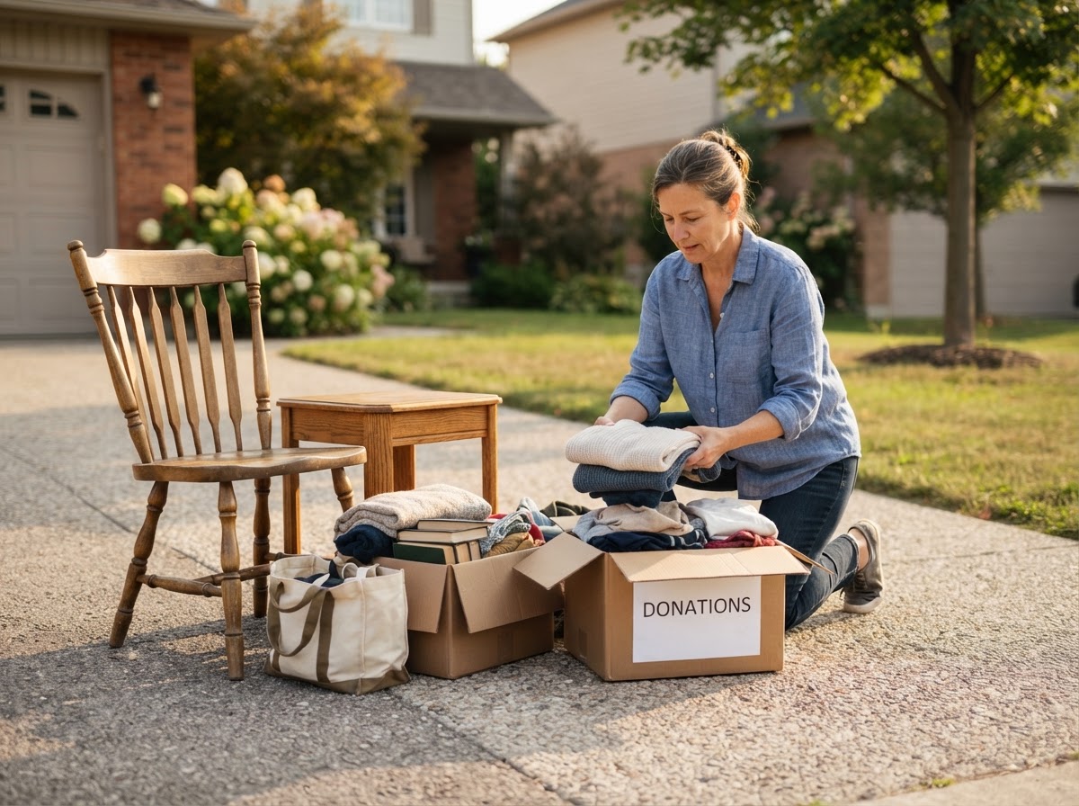 Usable household items like a wooden chair, small table, and boxed clothing sorted and set aside for donation during a Staten Island cleanout