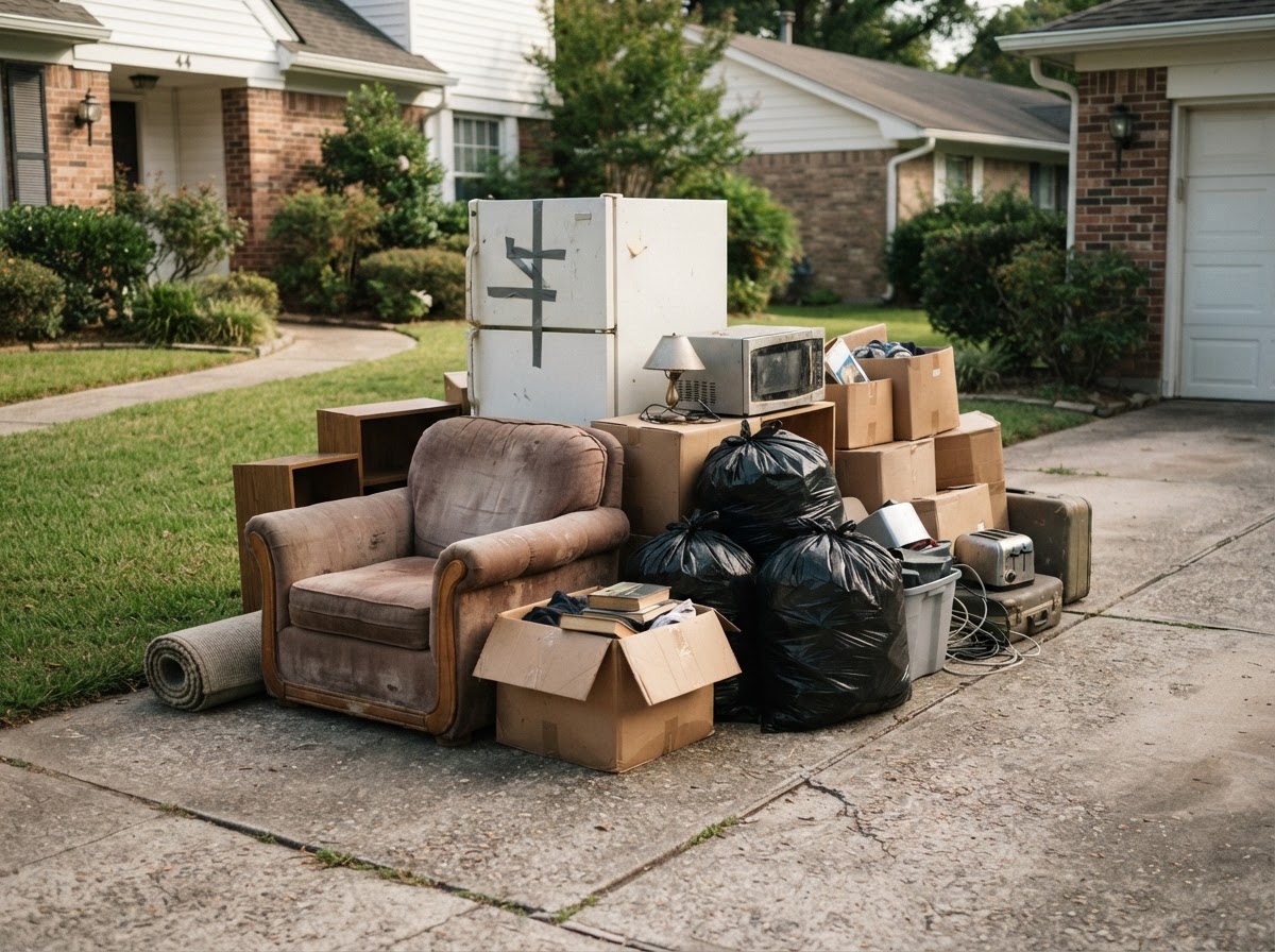 Neat pile of unwanted furniture, appliances, boxes, and bagged household items on a residential driveway ready for removal