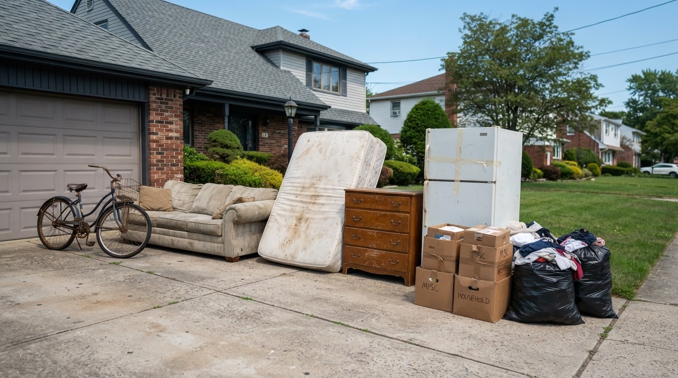 Assorted household items including a sofa, mattress, dresser, refrigerator, boxes, and a bicycle set out on a residential driveway for junk removal pickup