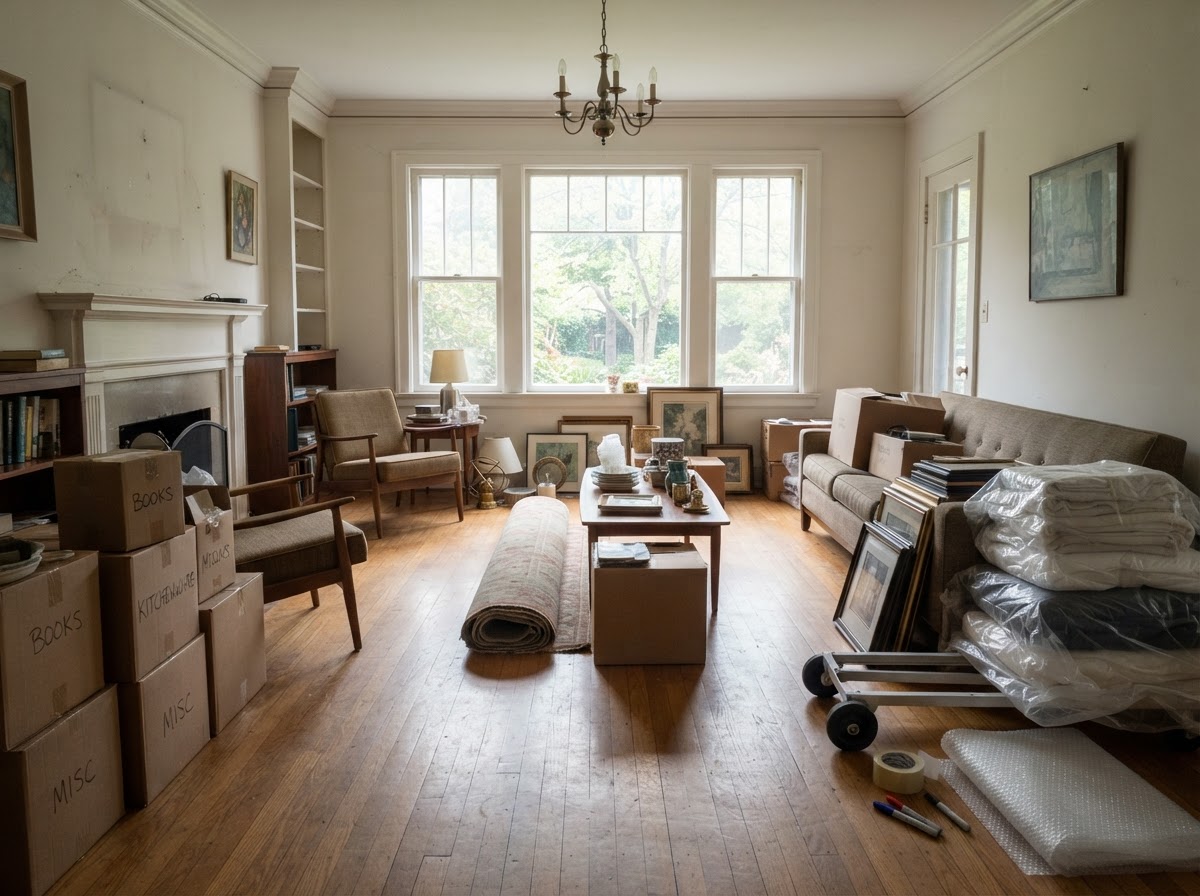 Residential living room during an estate cleanout with furniture, boxes, and household items grouped for removal