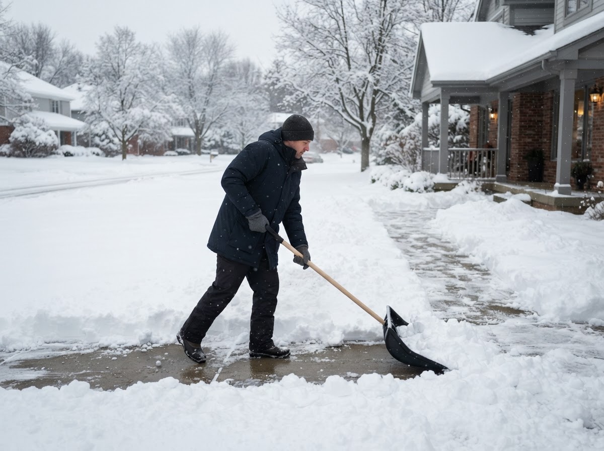 Person in winter clothing shoveling snow from a residential driveway and walkway after a winter storm