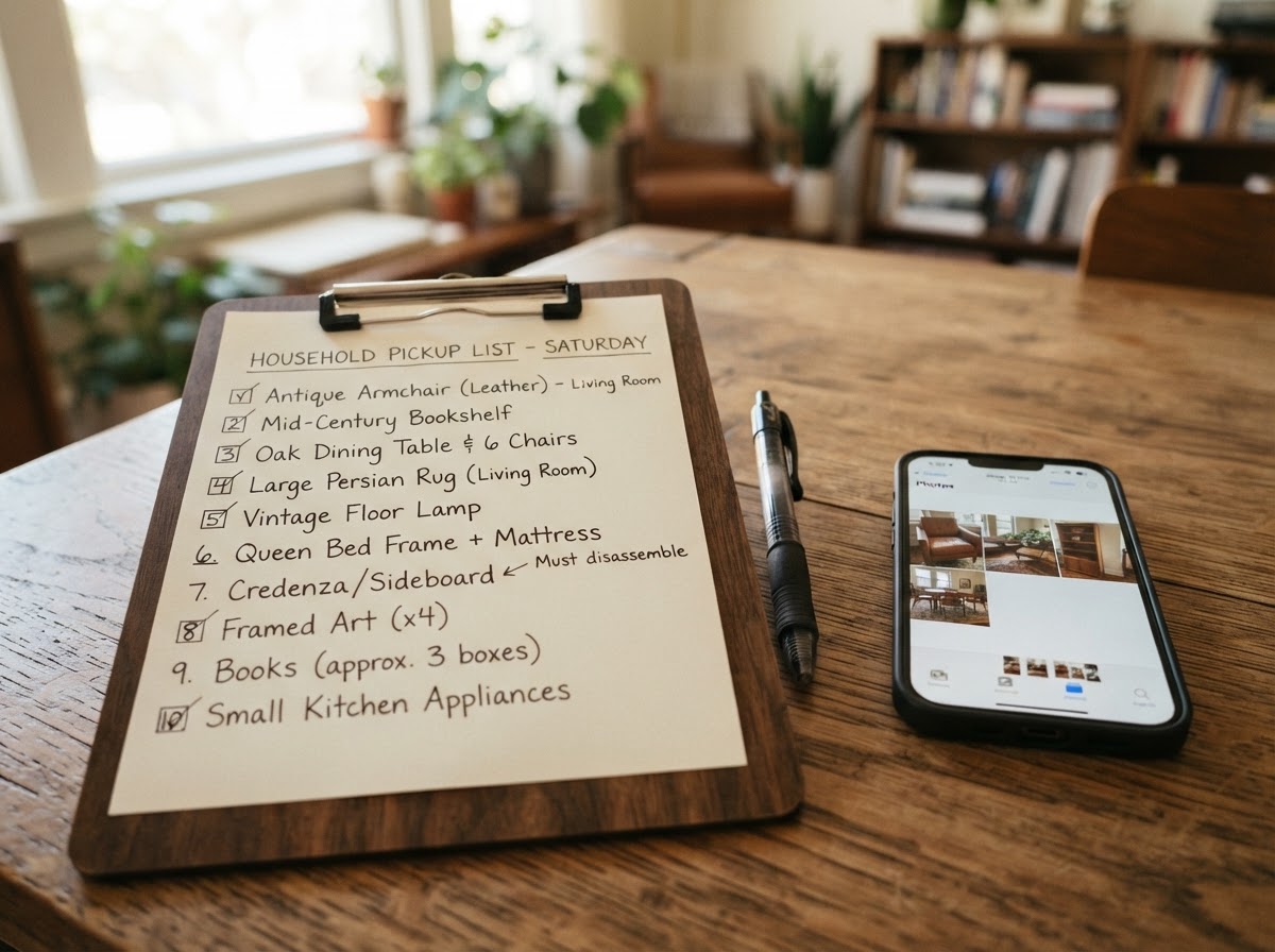 Clipboard with a handwritten household item pickup list and a pen next to a smartphone showing furniture photos for a junk removal estimate