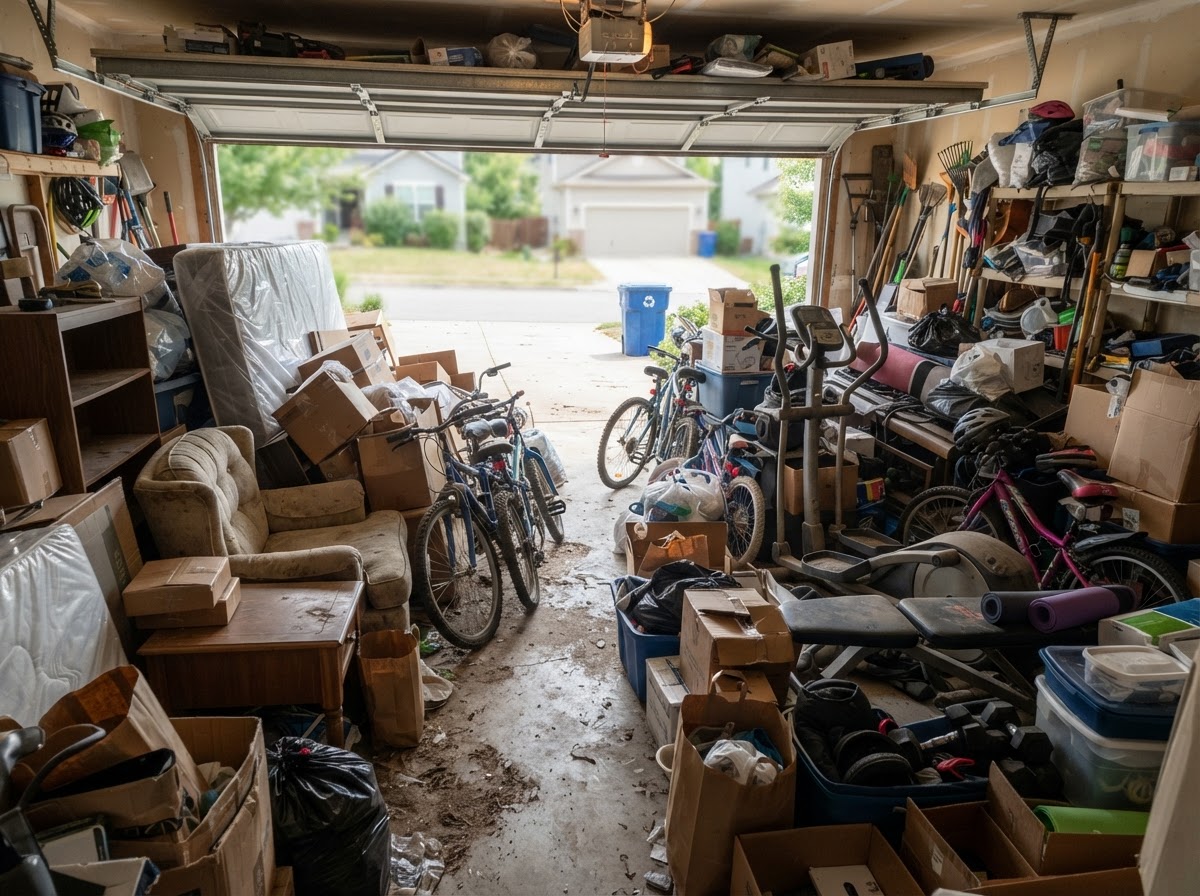Cluttered residential garage filled with old furniture, boxes, bicycles, and exercise equipment waiting to be cleared during a cleanout
