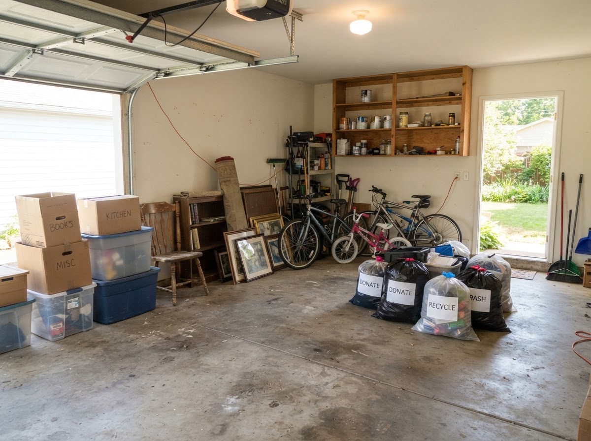 Cluttered residential garage being cleared with old furniture, boxes, bicycles, and bagged items sorted into piles