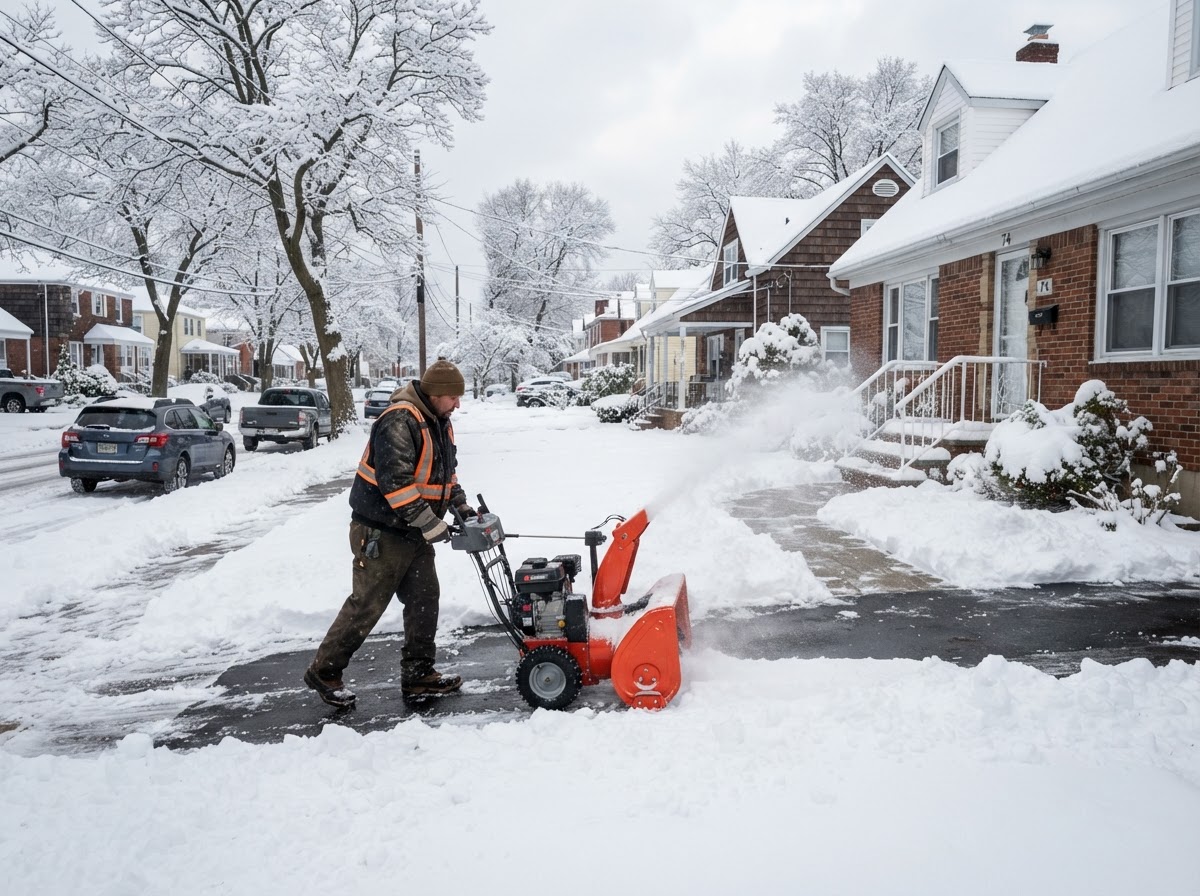 Seasonal snow removal at a residential Staten Island home after a winter storm