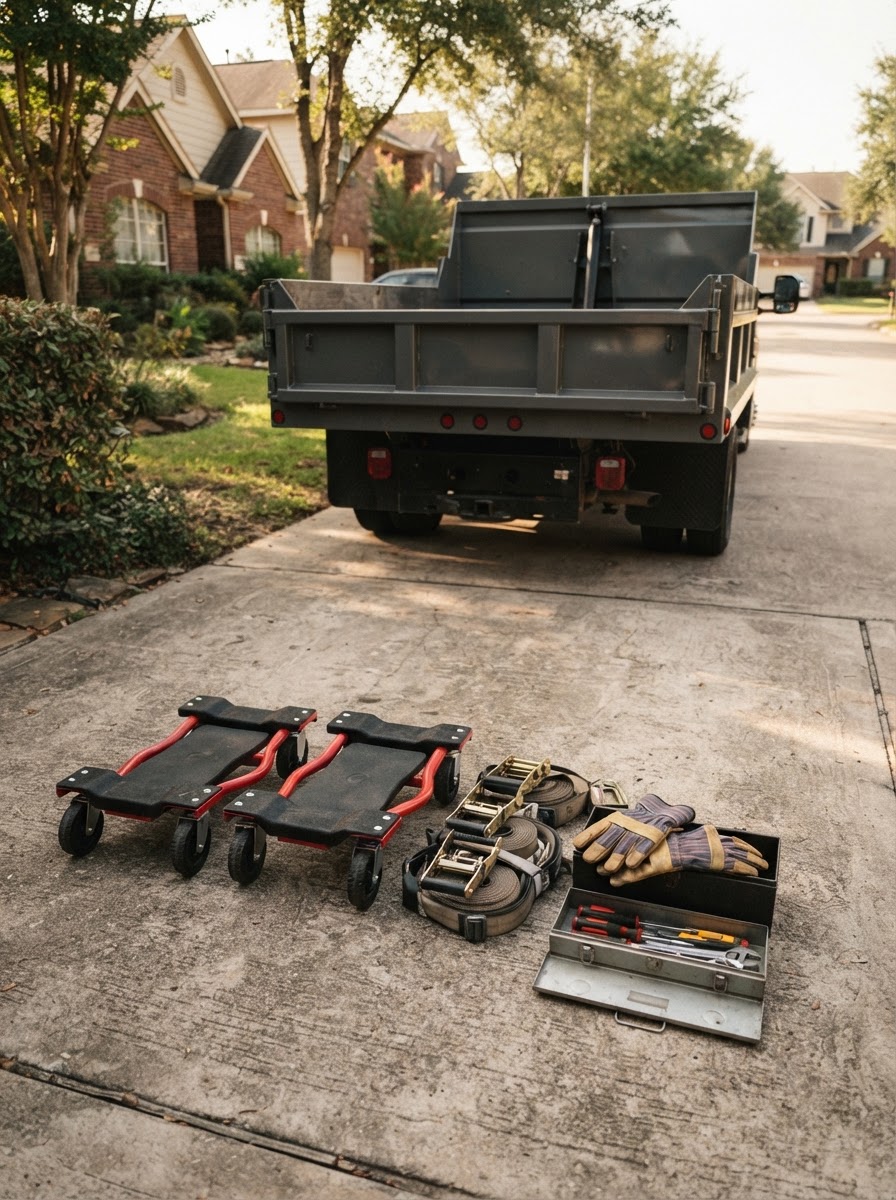 Removal equipment and tools including dollies, straps, and gloves ready for a residential cleanout job on Staten Island