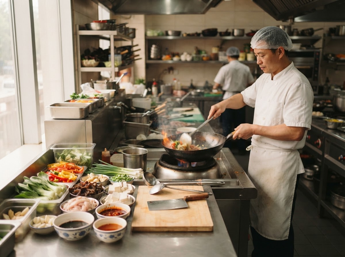 Fresh ingredients and wok at a Chinese restaurant kitchen