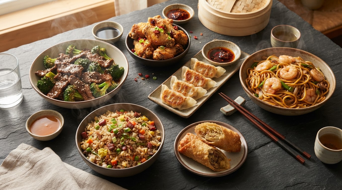 Spread of Chinese-American takeout dishes including crispy wings, fried rice, lo mein, dumplings and egg rolls