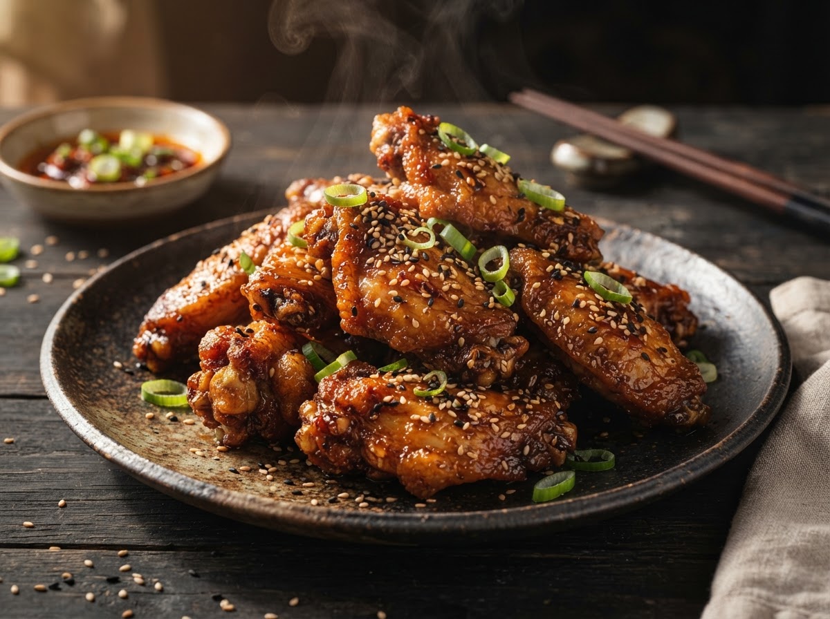 Close-up of crispy golden Chinese-style chicken wings