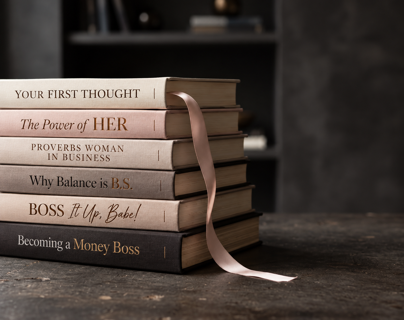 Stack of Proverbs Woman Publishing books including Your First Thought, The Power of HER, Proverbs Woman in Business, and Becoming a Money Boss