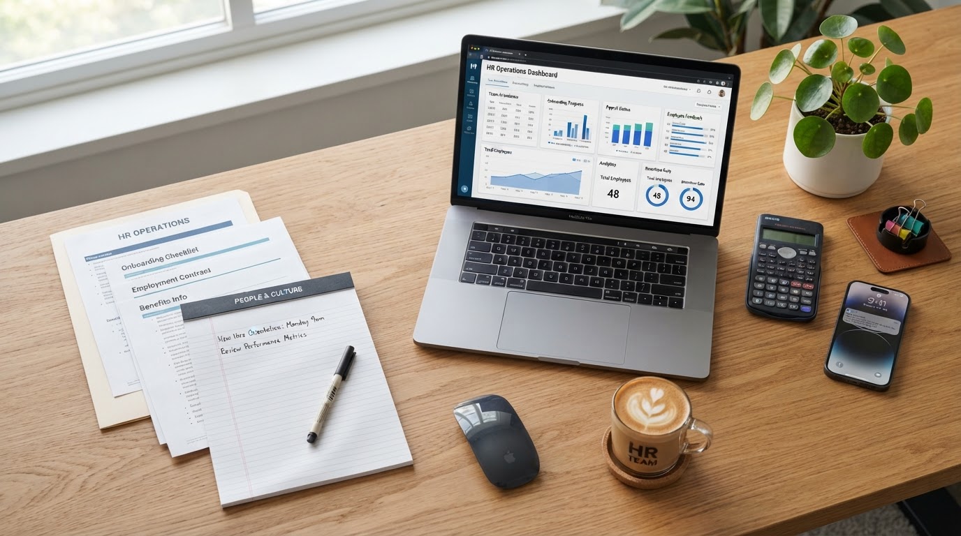 Organized HR operations workspace with documents and a laptop dashboard