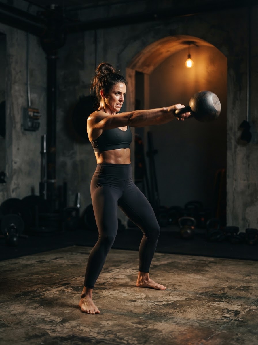 Athlete mid-movement in a raw concrete training studio