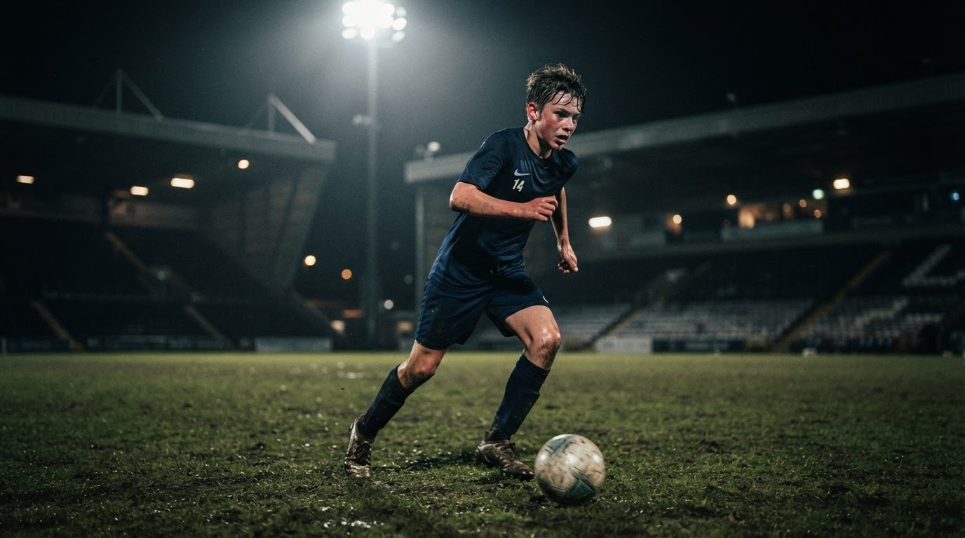 Youth soccer player with intense focus during night training