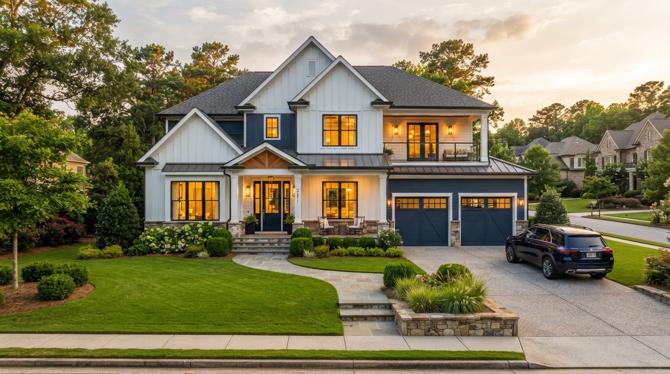 Modern suburban Atlanta home at golden hour