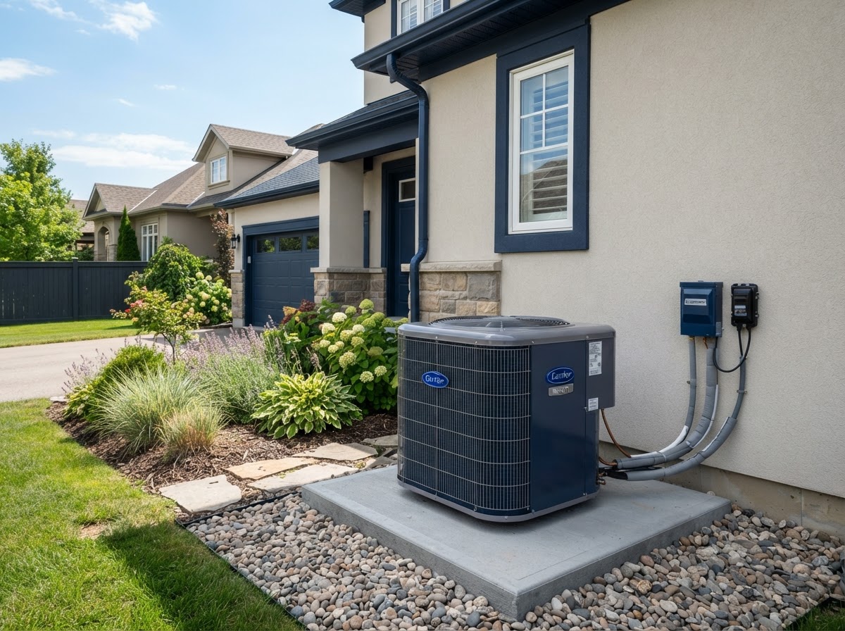 Outdoor HVAC condenser unit beside a suburban home