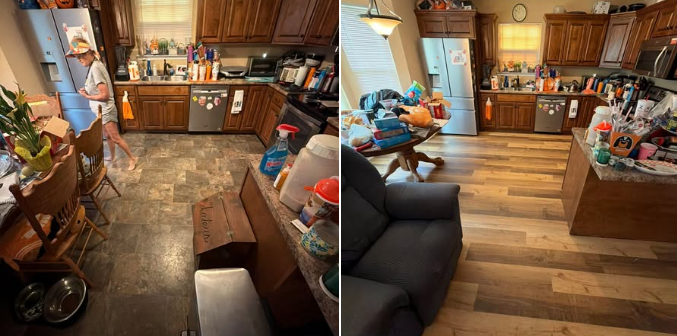 Side-by-side before and after transformation of kitchen and living room floor