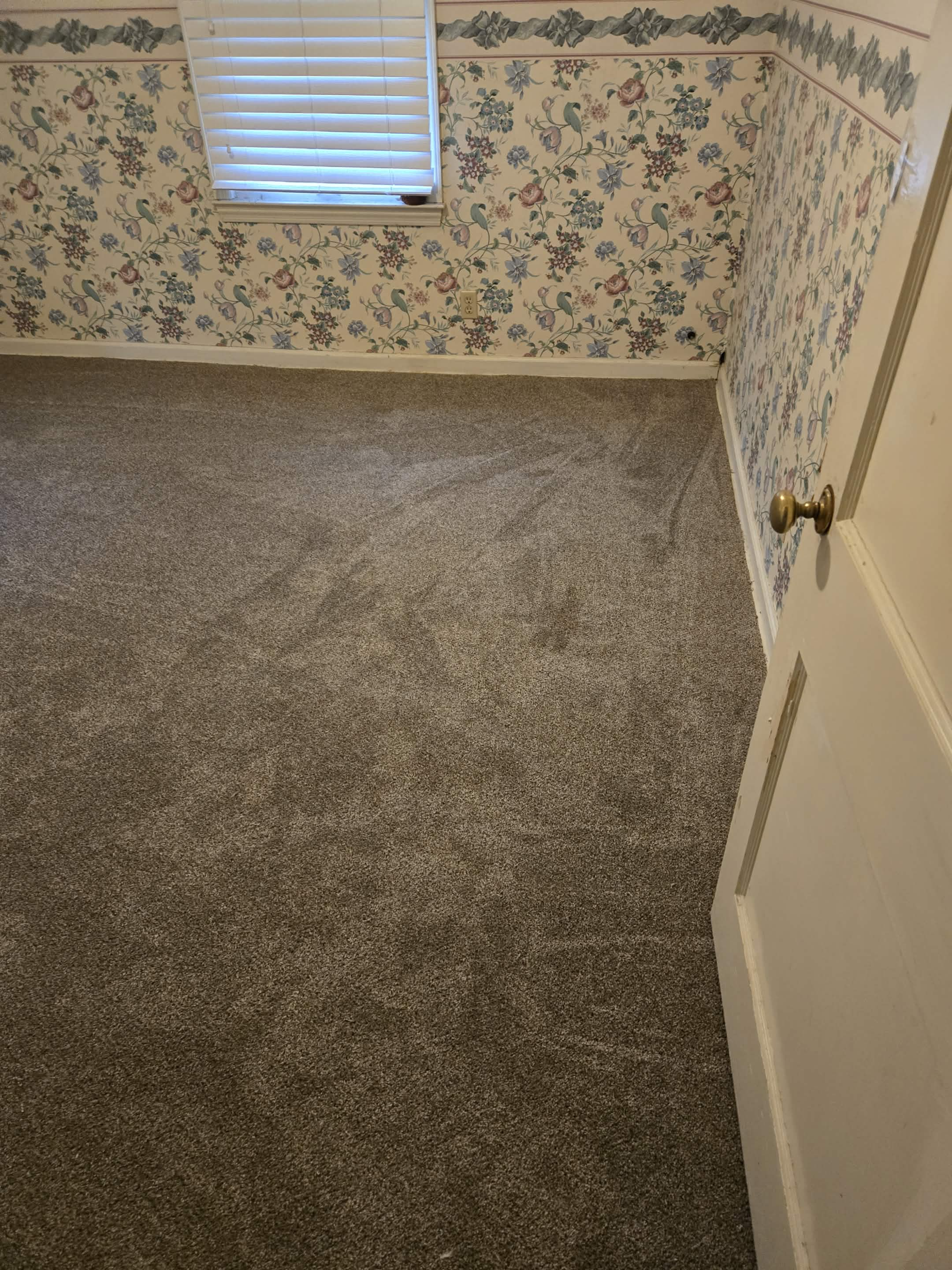 Freshly installed plush neutral carpet with tight power stretch in residential bedroom