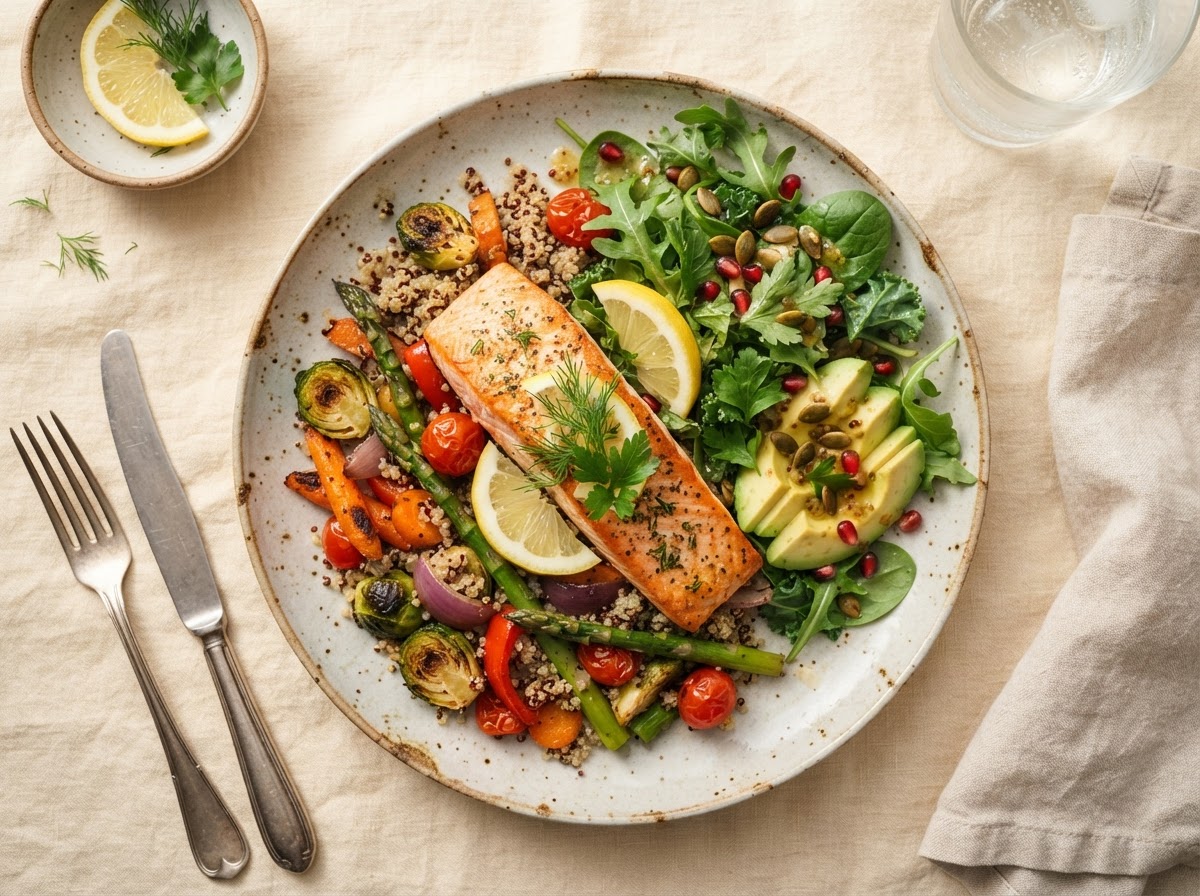 Plato saludable de salmón con vegetales, aguacate y quinoa