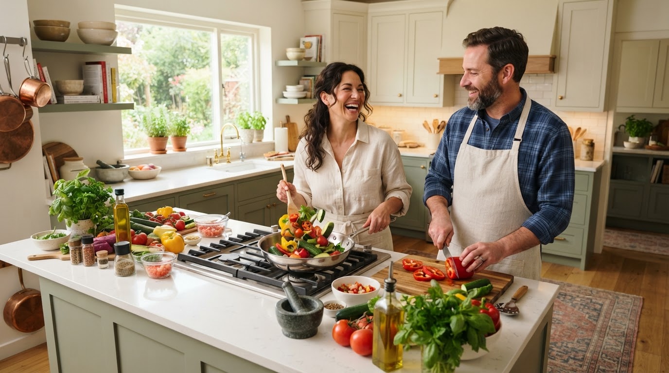 Pareja adulta preparando una comida saludable en una cocina luminosa