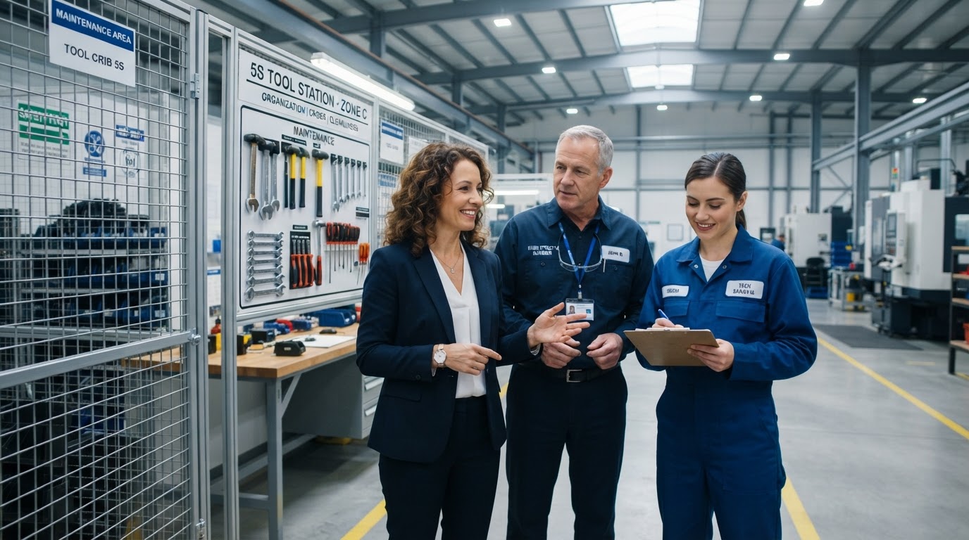A woman executive with curly brunette hair in a navy blazer standing next to a facility maintenance cage with a facilities manager and maintenance worker