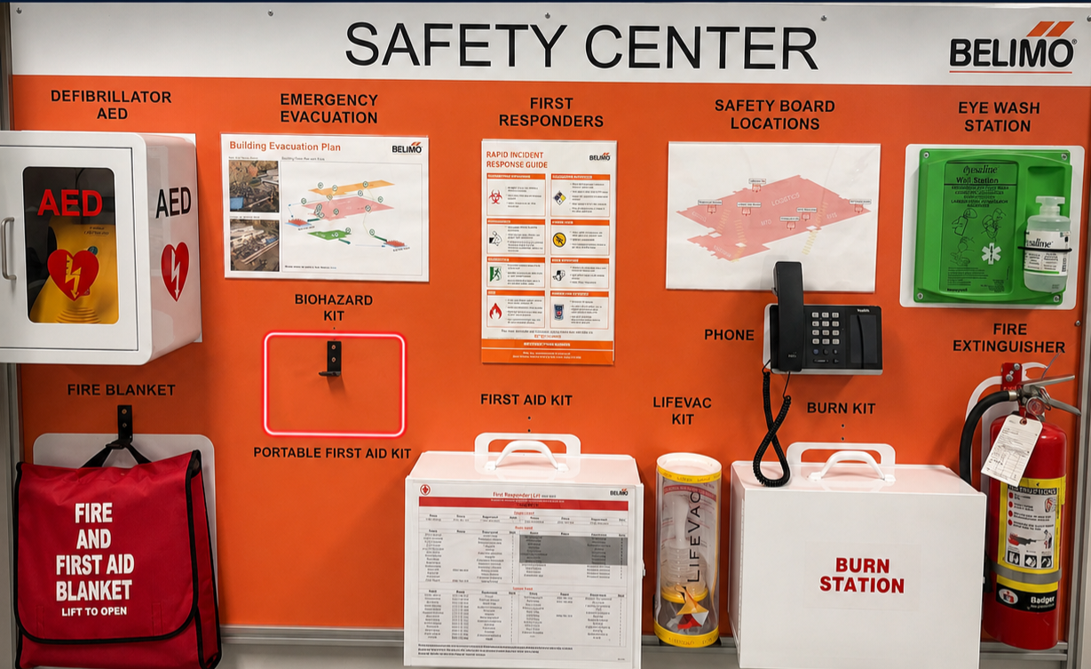 Belimo Safety Center comprehensive visual emergency management station with AED cabinet, evacuation map, first responder guide, eyewash station, fire blanket, first aid kit, LifeVac, burn station, fire extinguisher, and emergency phone