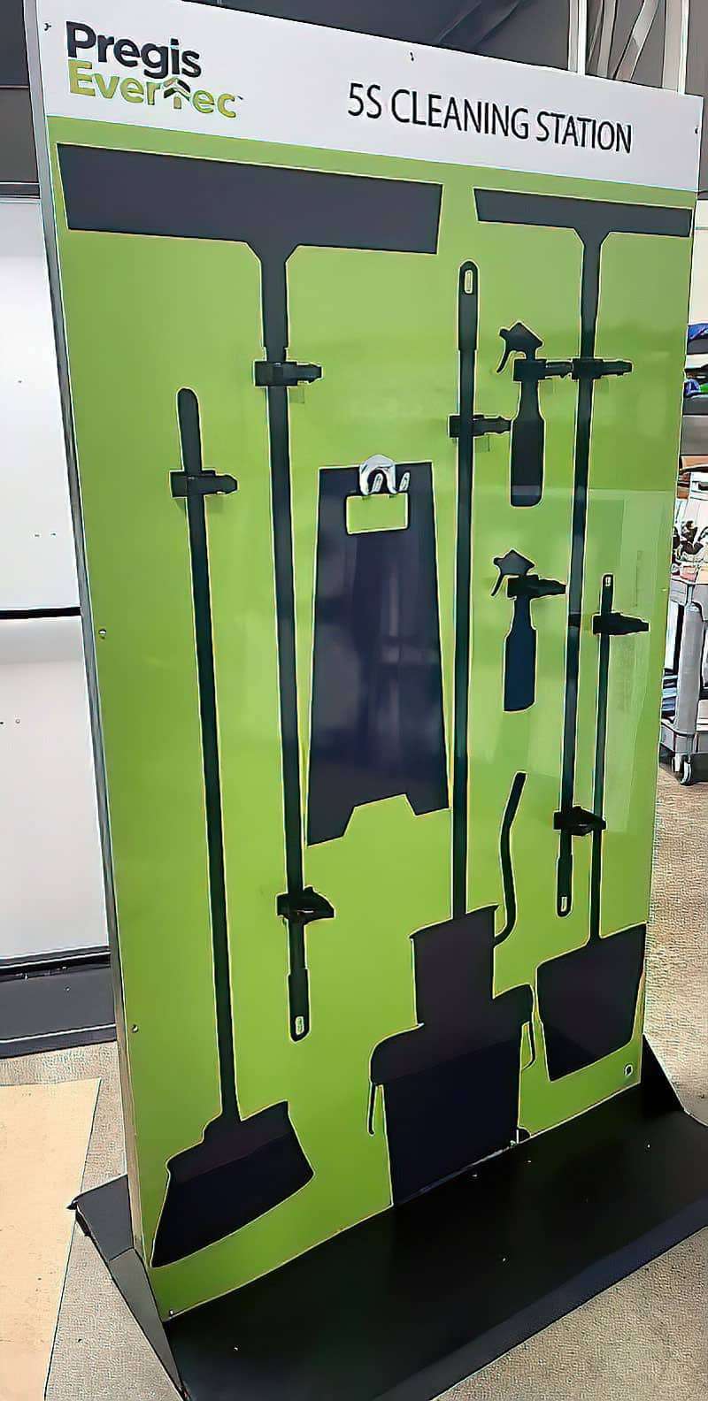 Pregis EverTec freestanding 5S cleaning station with green backboard and precision black tool silhouettes